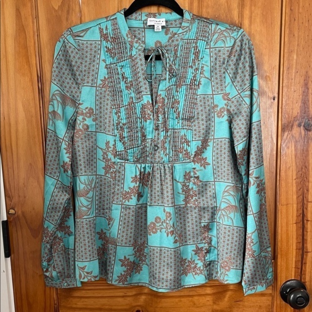 Current Air Floral Print long sleeve top XS Aqua Turquoise Mint Brown patchwork